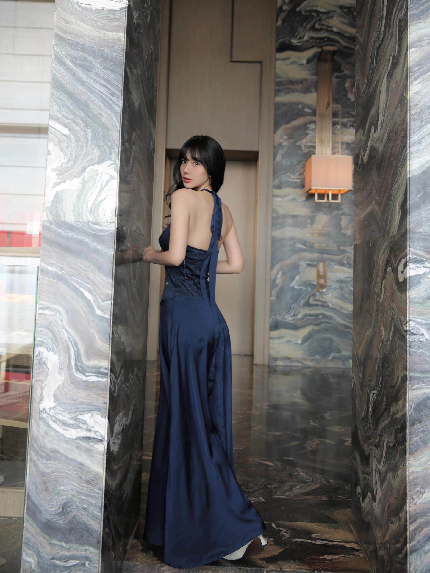Halter Navy Blue Satin Prom Dress Sexy Birthday Dress P767