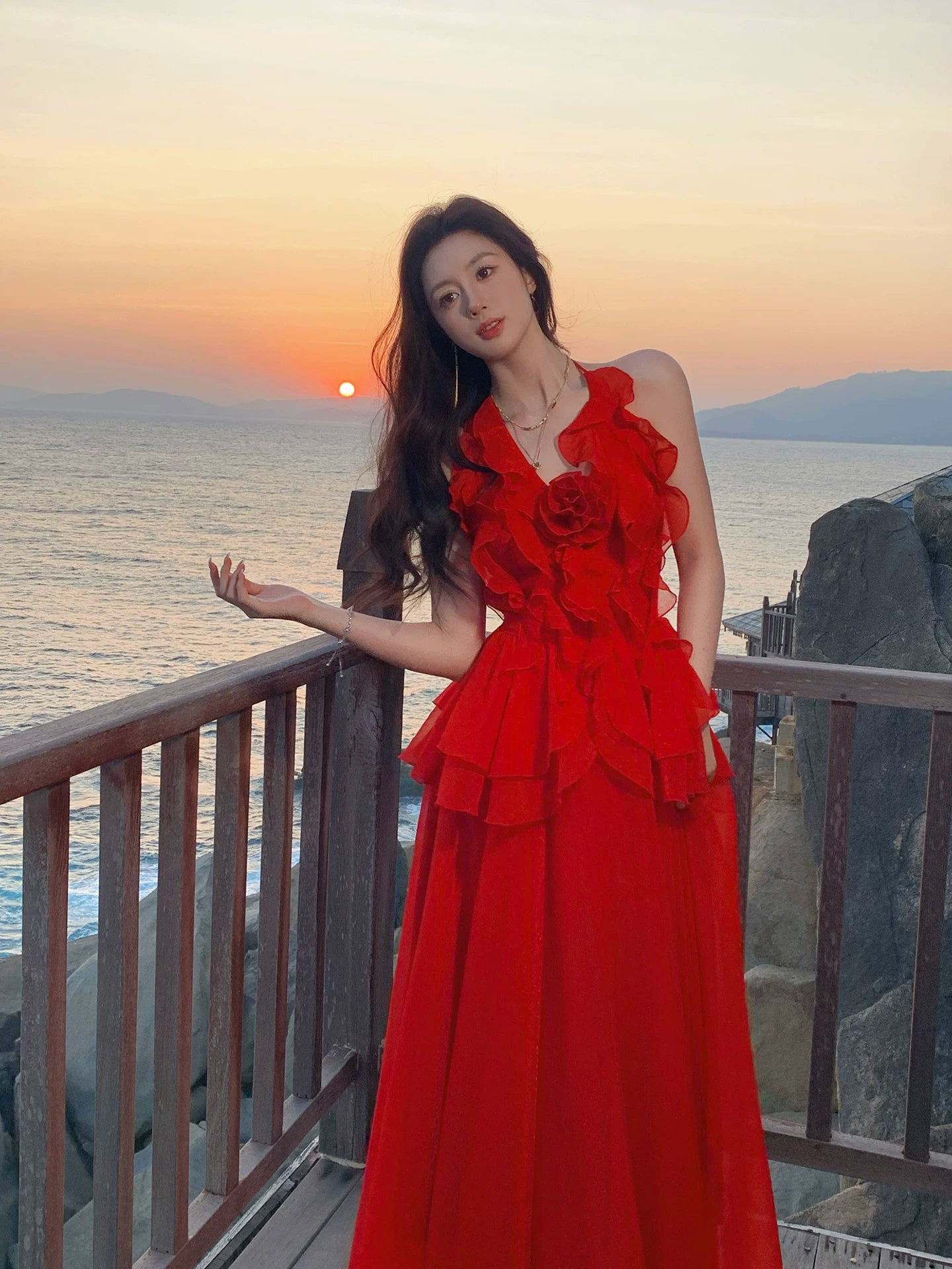 Halter Neck Red Ruffled Wedding Guest Dress Summer Dress L144