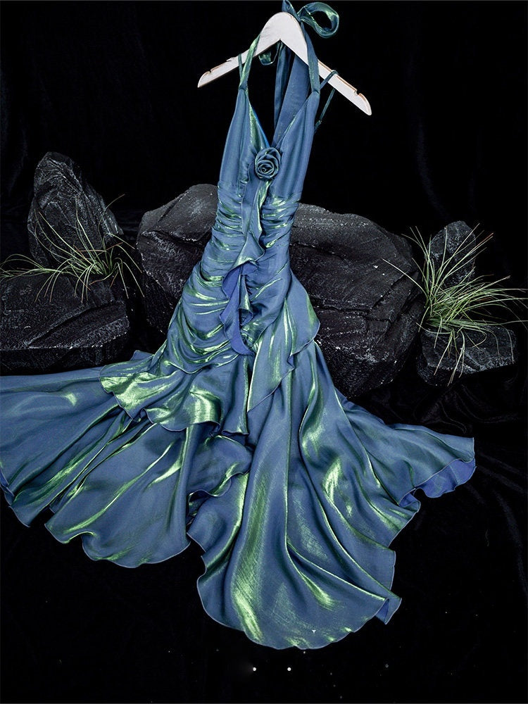 Halter Neck Ruffled Vintage Prom Dress Formal Party Dress P778