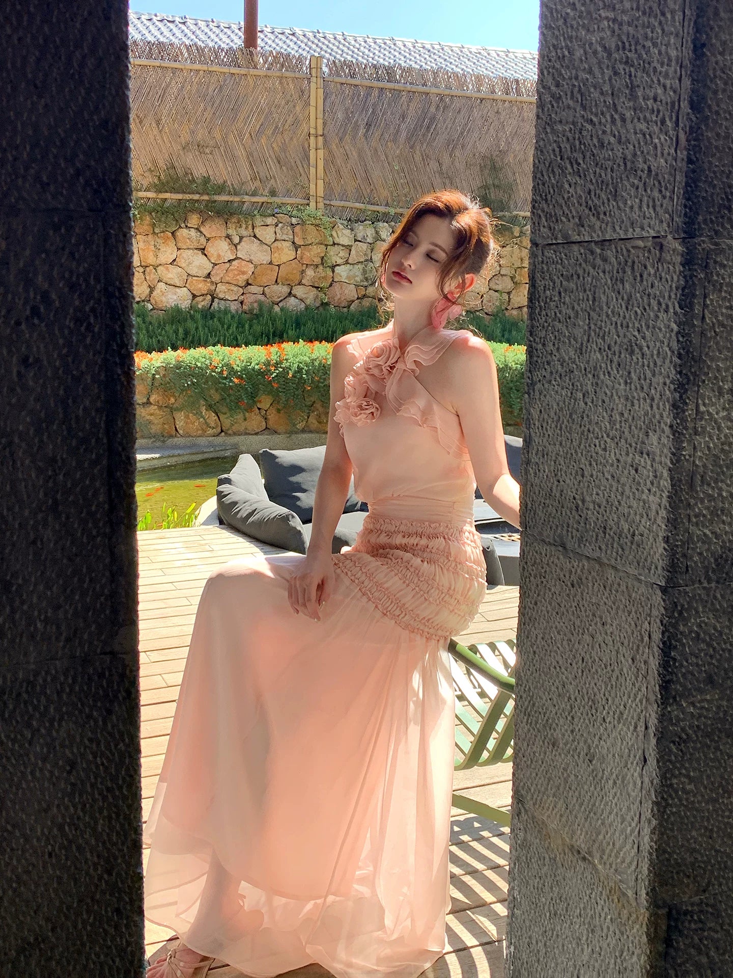 Halter Pink Chiffon Prom Dress Ruffled Wedding Guest Dress P1253