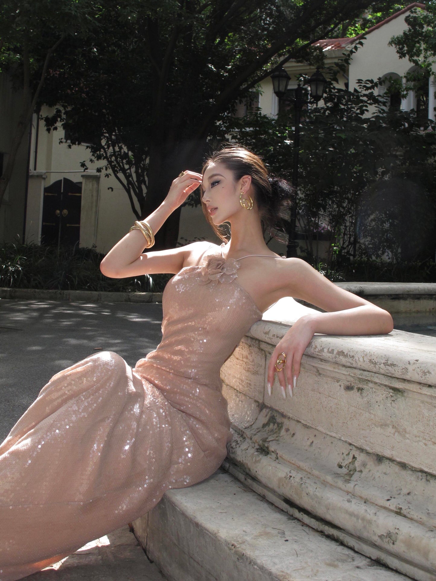 Halter Pink Sequin Sheath Prom Dress Sexy Formal Evening Dress P763