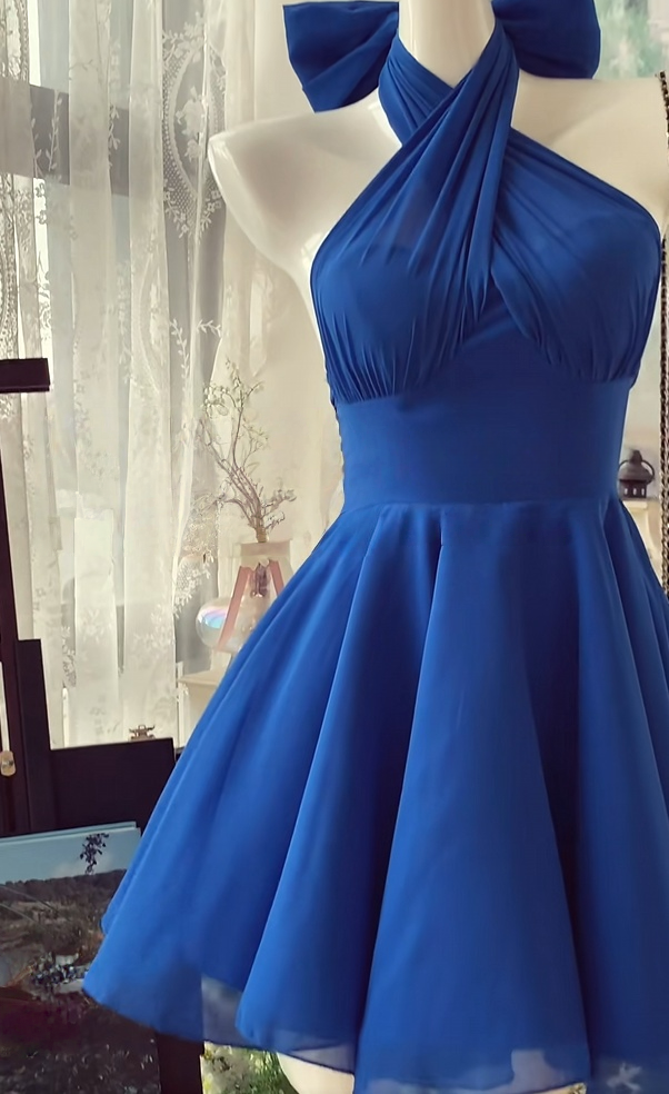 Halter Royal Blue Chiffon Homecoming Dress P1476
