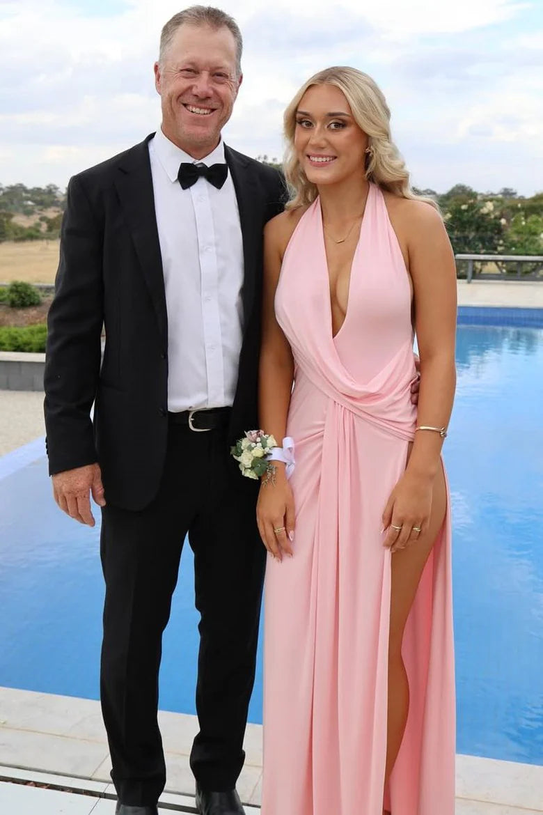 Halter V-Neck Pink Chiffon Long Prom Dress With High Slit P1157