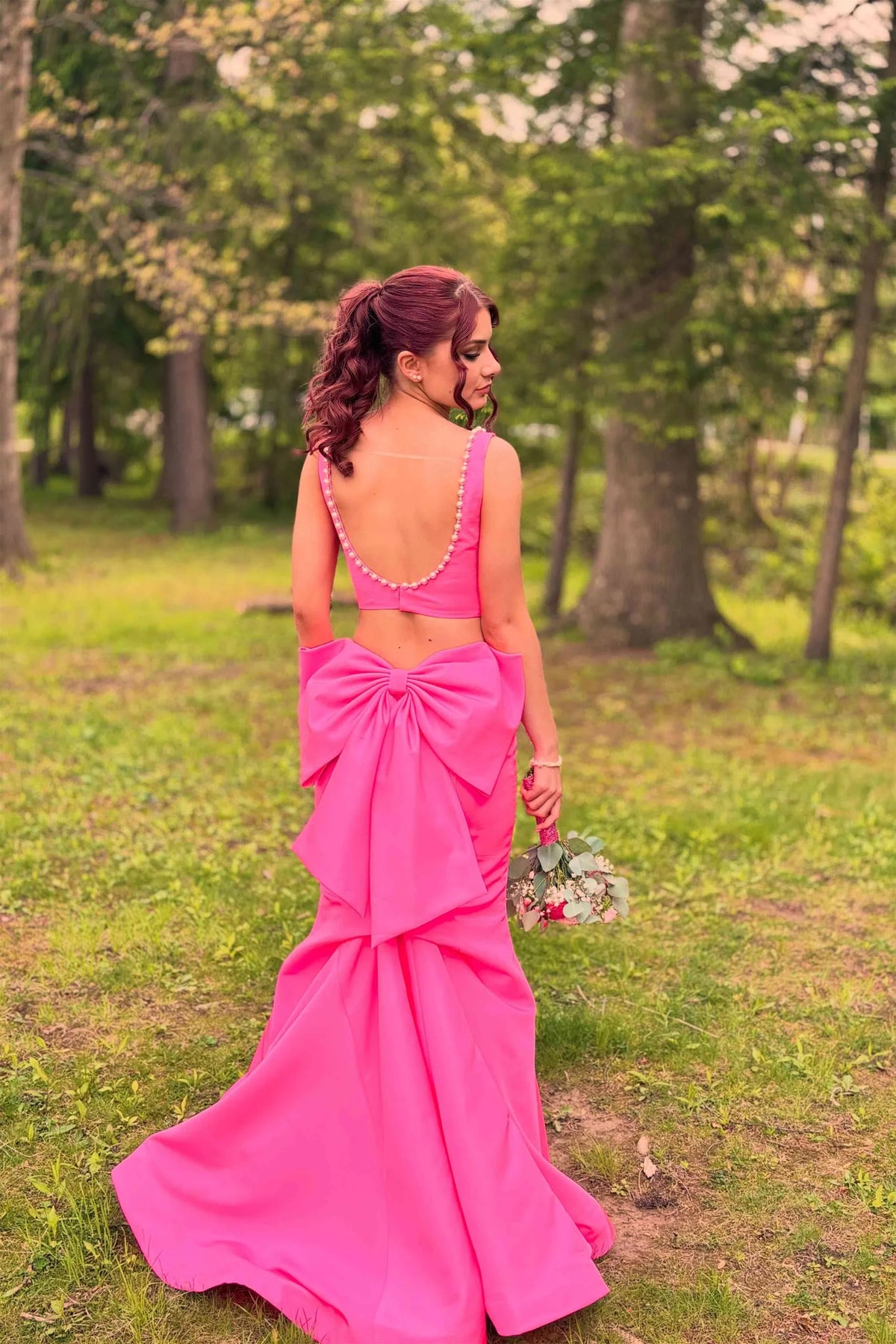 Hot Pink Two-Piece Mermaid Long Dress With Pearl P2470