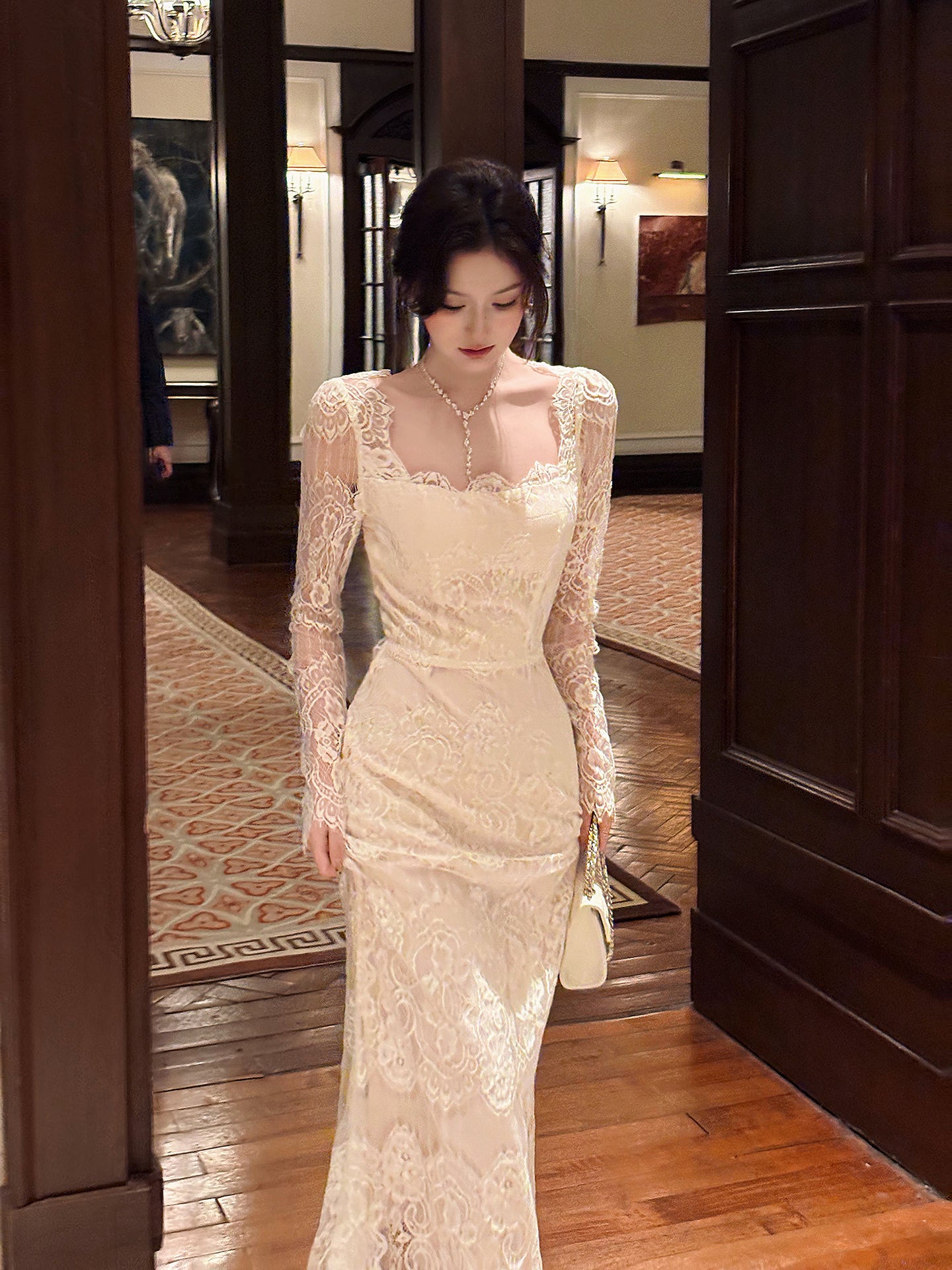 Lace Long-sleeved Square-neck Birthday Dress Mermaid Formal Dress L10
