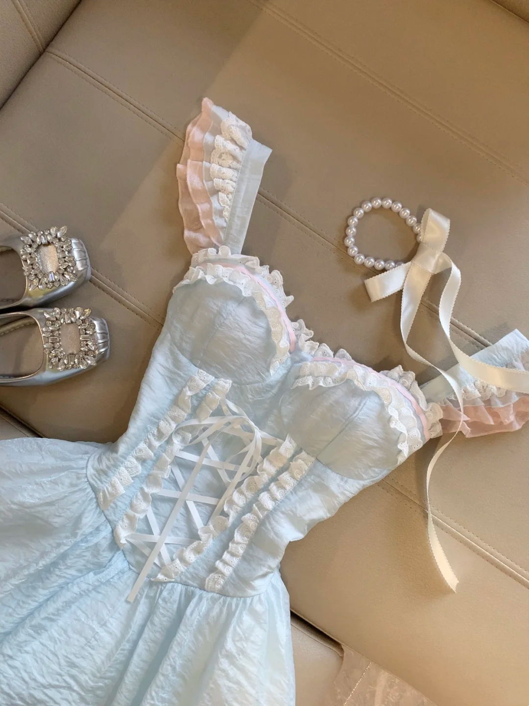 Light Blue Princess Dress with Ruffle Sleeves Sweet Puffy Birthday Skirt L24