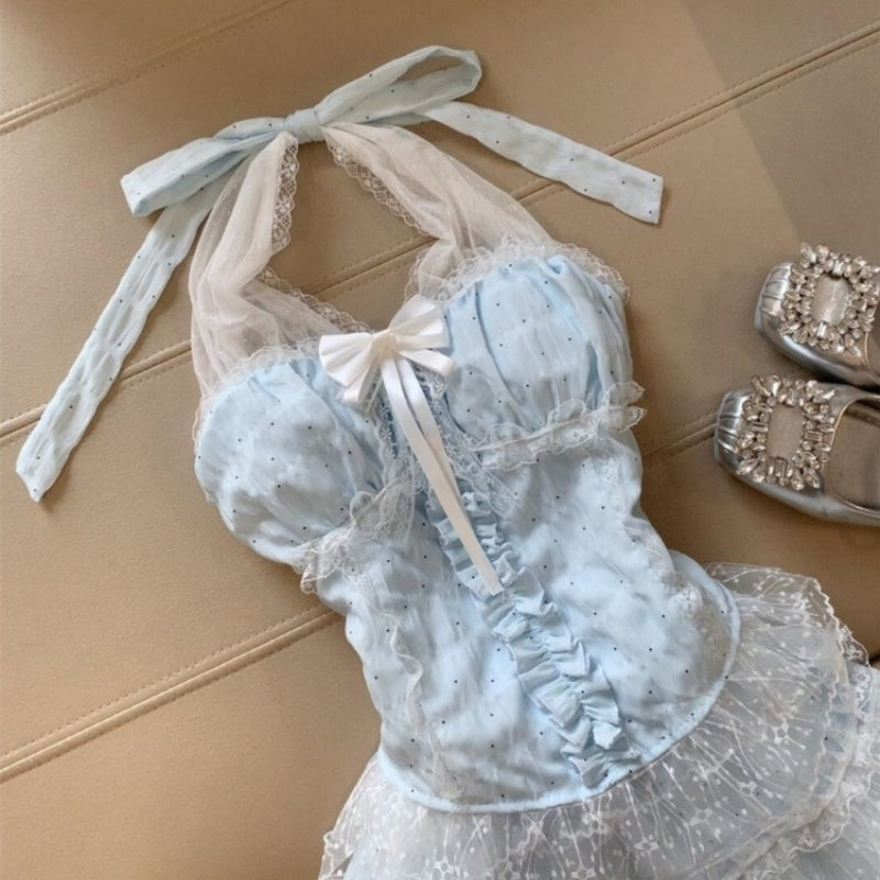 Mesh Halter Neck Fluffy Short Skirt Set Sweet Birthday Dress L25