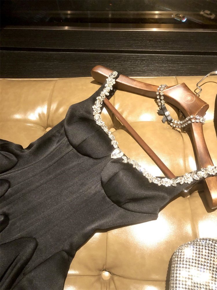 A Line Little Black Dress Satin Beads Birthday Dress L38