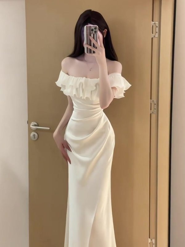 Off The Shoulder Off-white Long Prom Dress Ruffle Evening Dress L39