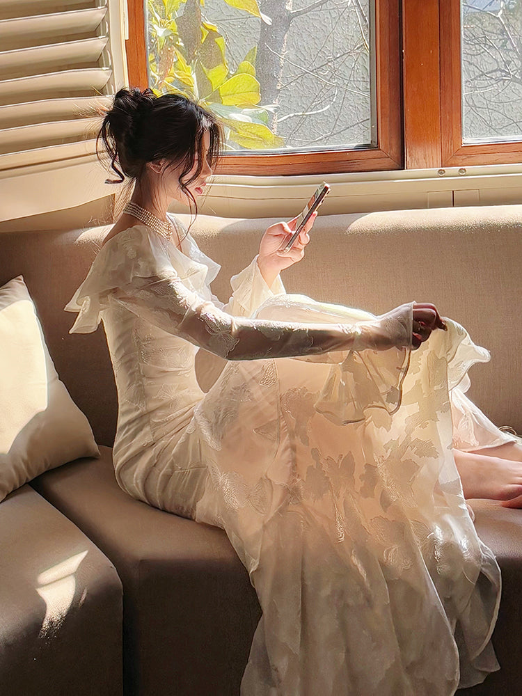Butterfly Printed Prom Dress Ruffled Long Sleeves Evening Dress Party Dress L9