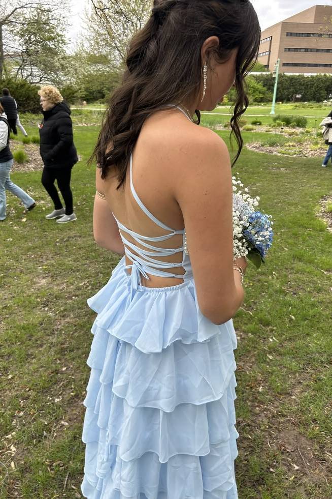 Light Blue Long Prom Dress With Pearl Layered Wedding Guest Dress P2472