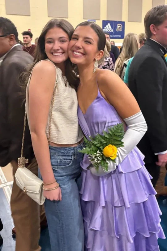 Lilac Satin A-Line Beaded Tiered Formal Prom Dress P1020