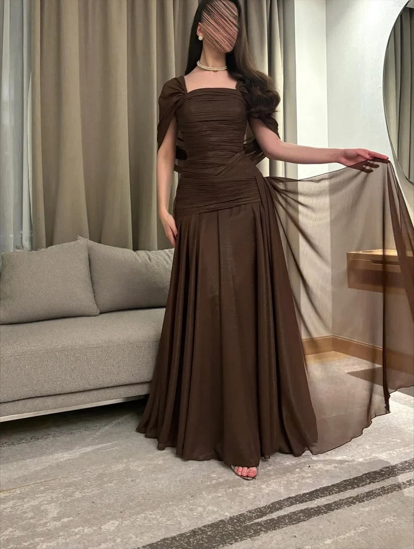 Long Brown Chiffon Prom Dress Formal Wedding Guest Gown P1115