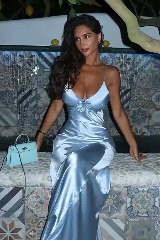 Mermaid Spaghetti Straps Blue Long Prom Dress With 3d Flowers P1007