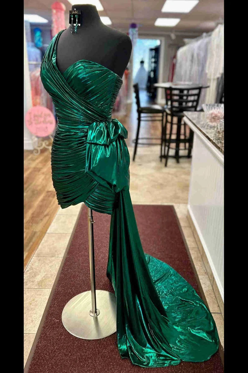 Metallic Green One Shoulder Ruched Short Homecoming Dress P2275