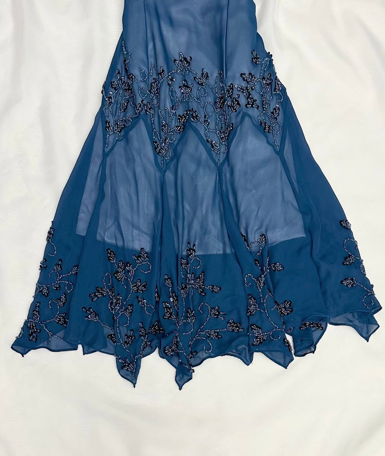 Navy Blue Beaded Tea Length Dress Vintage Birthday Dress P903