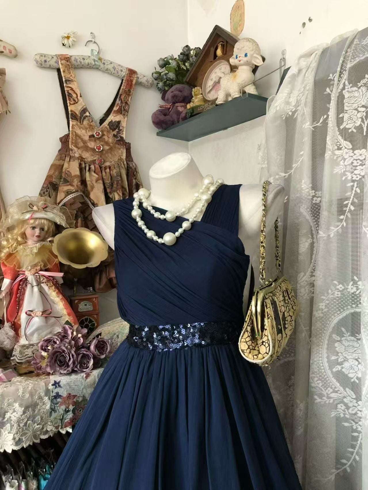 Navy Blue Chiffon Homecoming Dress Mid Length Evening Dress P2044