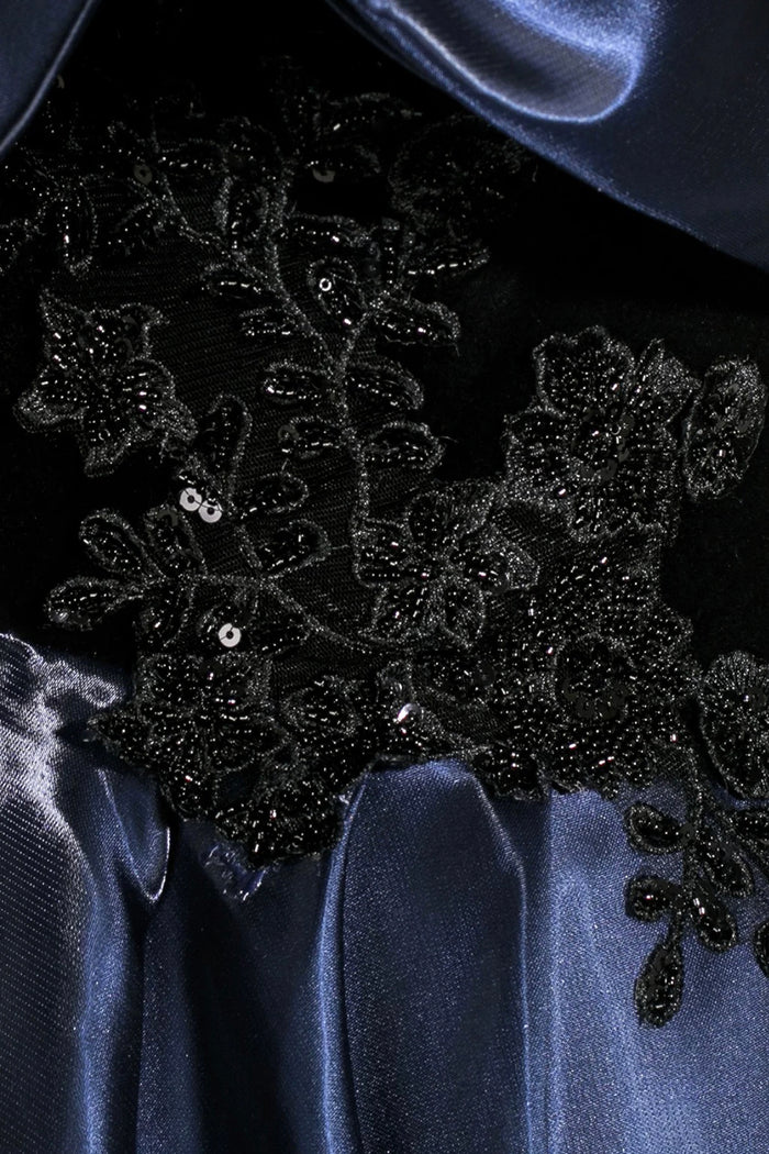 Navy Satin Long Prom Dress With Applique Elegant Off The Shoulder A-Line Party Dress P656