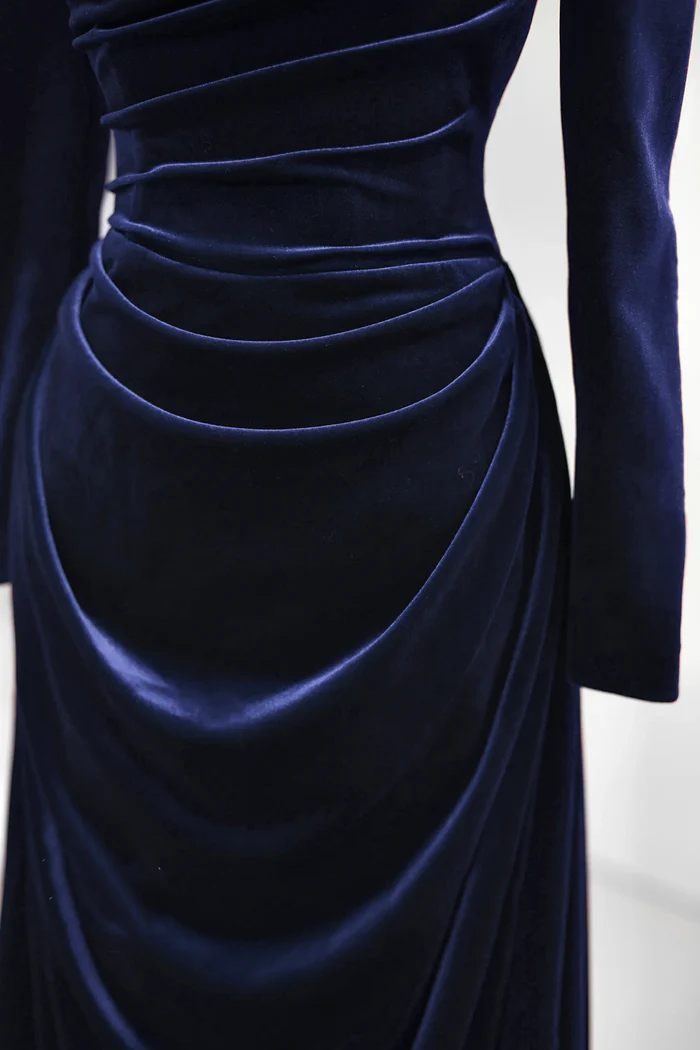 Navy Velvet Long Sleeve Prom Dress A-Line Ruched Formal Evening Gown P655