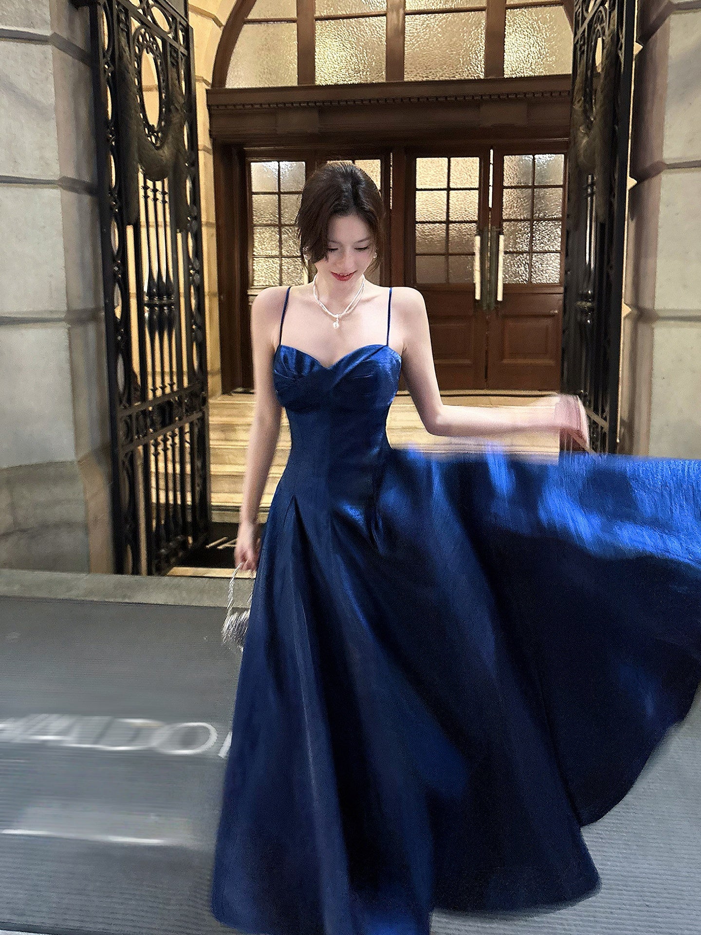 Spaghetti Straps Navy Blue A Line Long Prom Dress P944