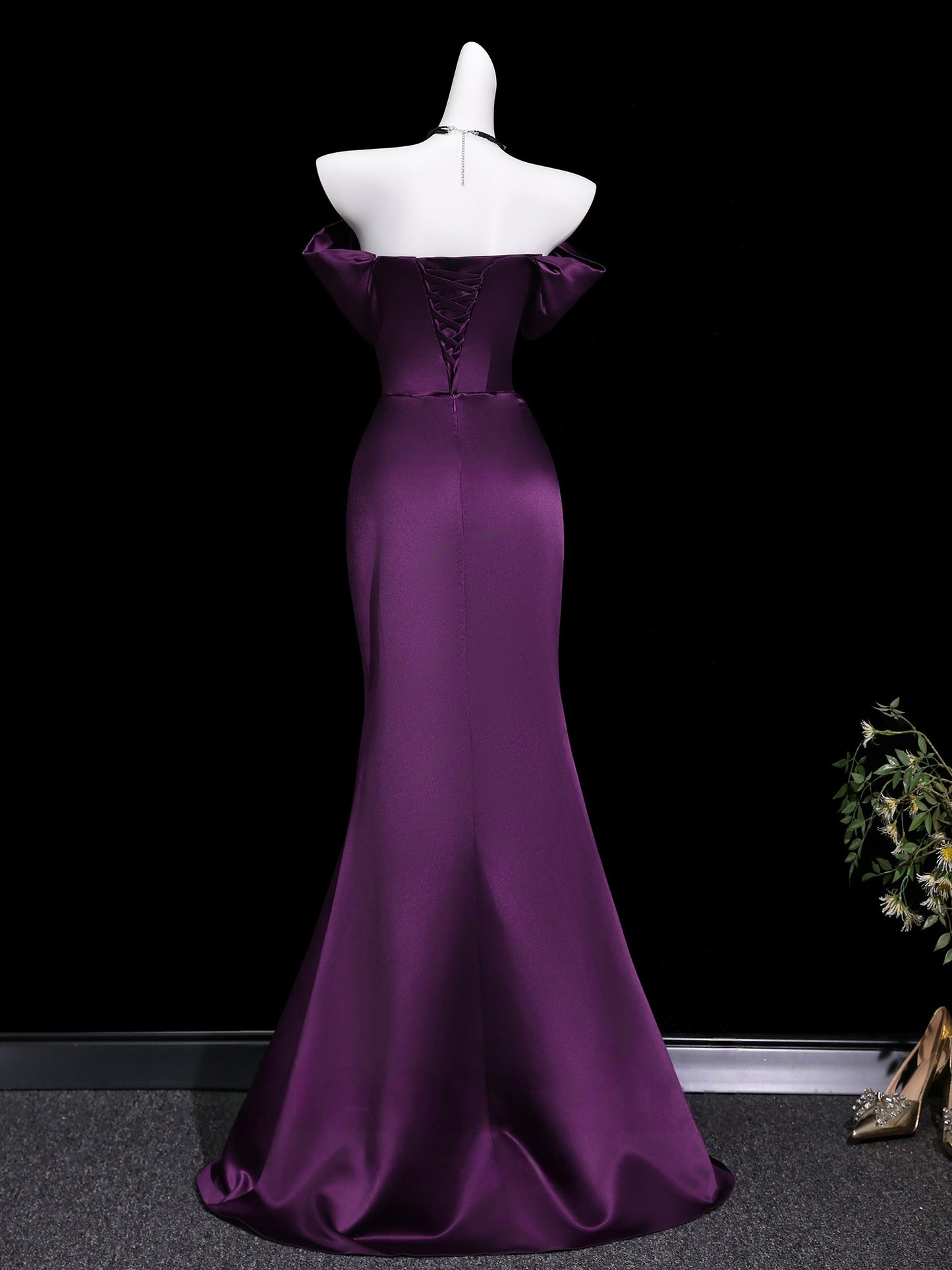 Off The Shoulder Purple Satin Prom Dress Formal Evening Gown P1190