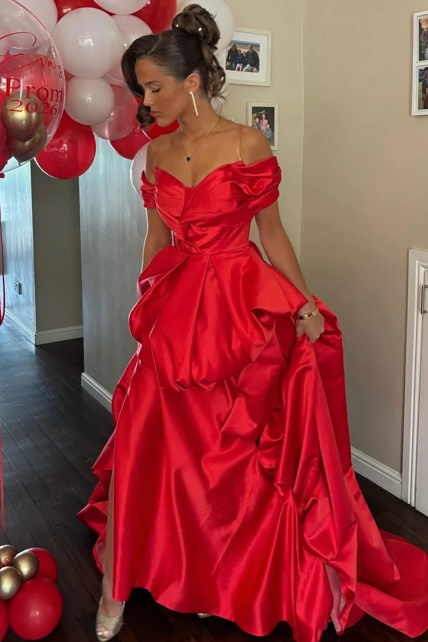 Off-Shoulder Long Red A-Line Formal Long Prom Dress P2456