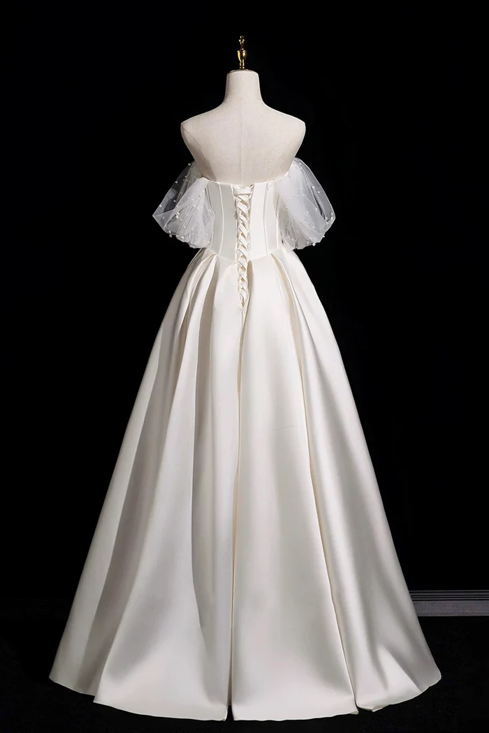 Off Shoulder Ivory Satin Wedding Dress For Bridal Beaded Corset Tulle Prom Dress P645