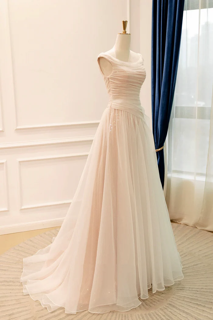 Off Shoulder Tulle Prom Dress Champagne Floor-Length Formal Party Gown P644