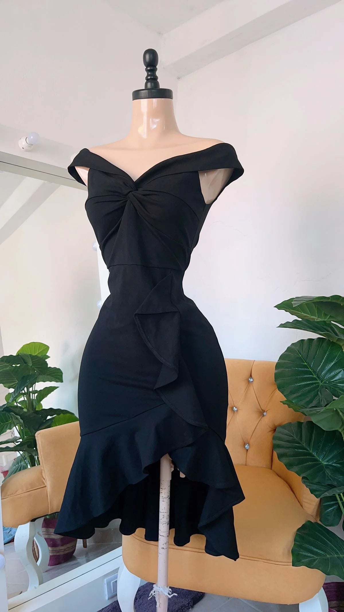 Off The Shoulder Black Ruffled Evening Dress P1350