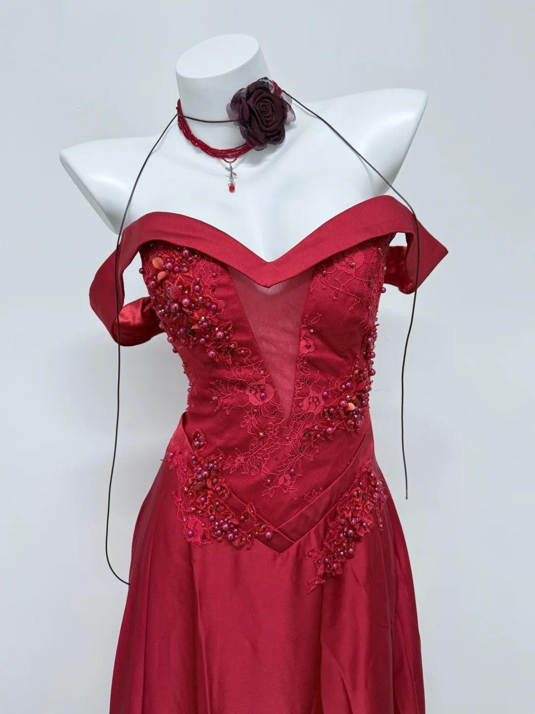 Off The Shoulder Burgundy Satin Prom Dress Applique Evening Gown P1726