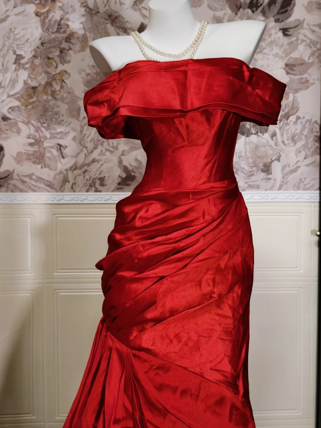 Off The Shoulder Burgundy Satin Prom Dress Mermaid Evening Dress P1733