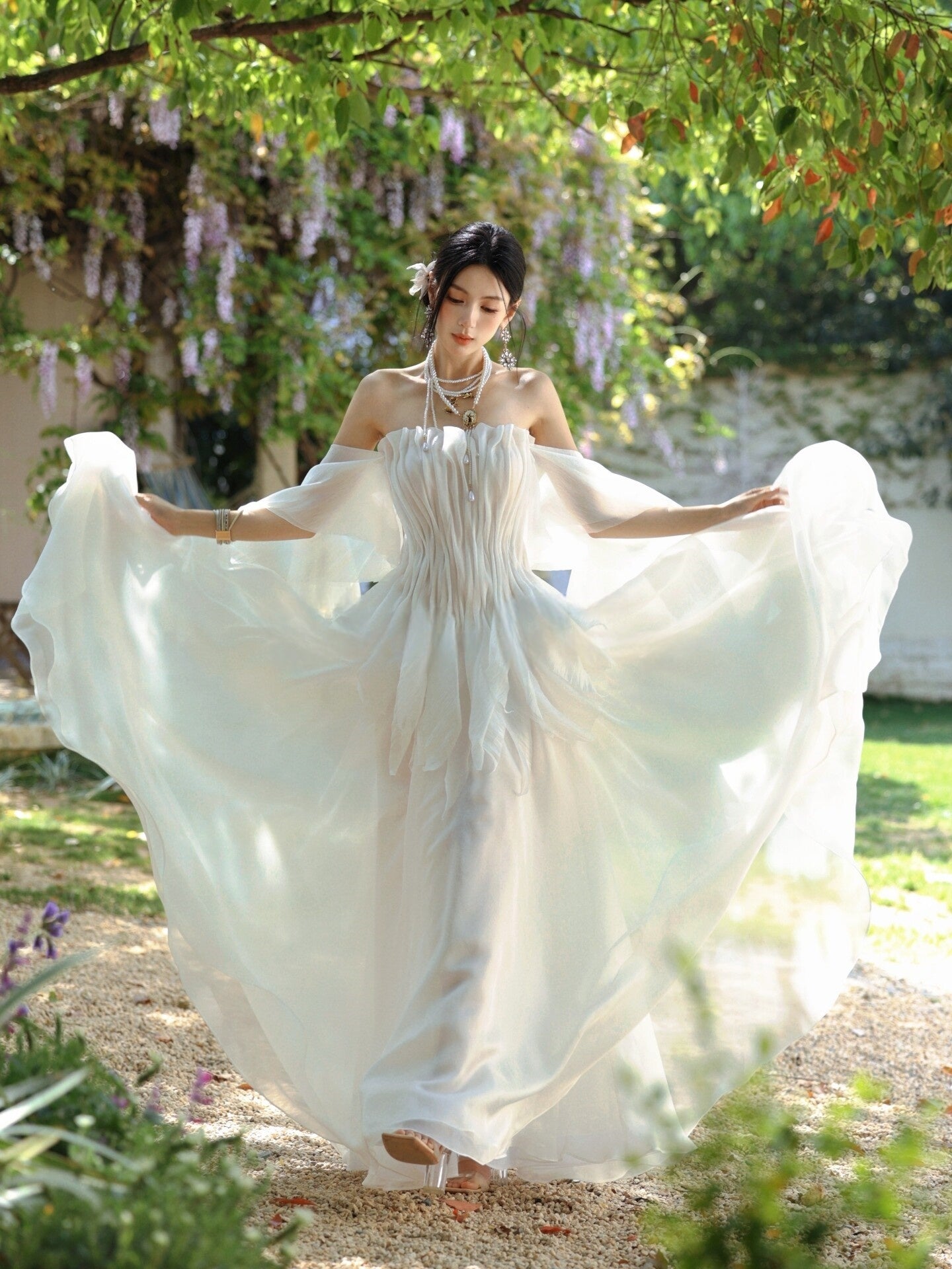 Off The Shoulder Chiffon Wedding Dress Ruffled Bridal Gown L83