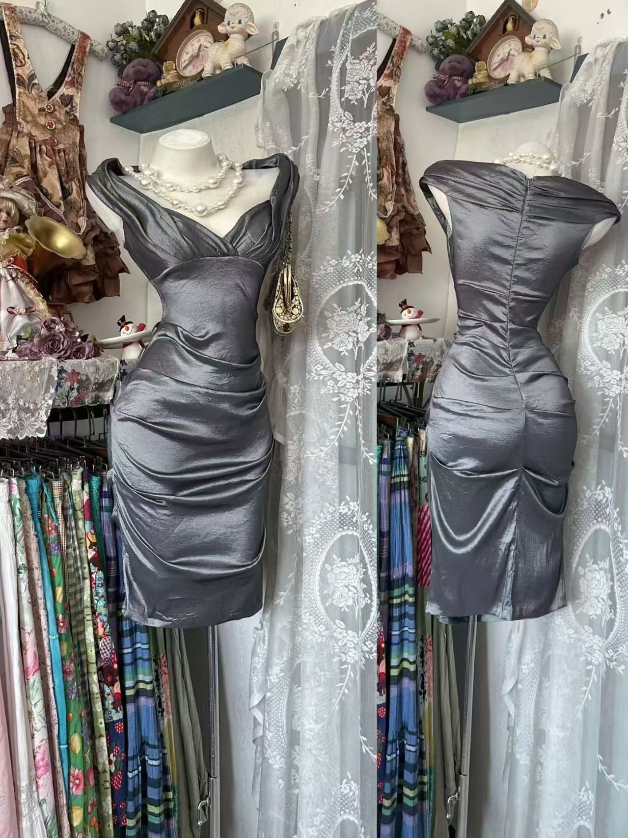 Off The Shoulder Dark Gray Evening Dress Sheath Homecoming Dress P2067