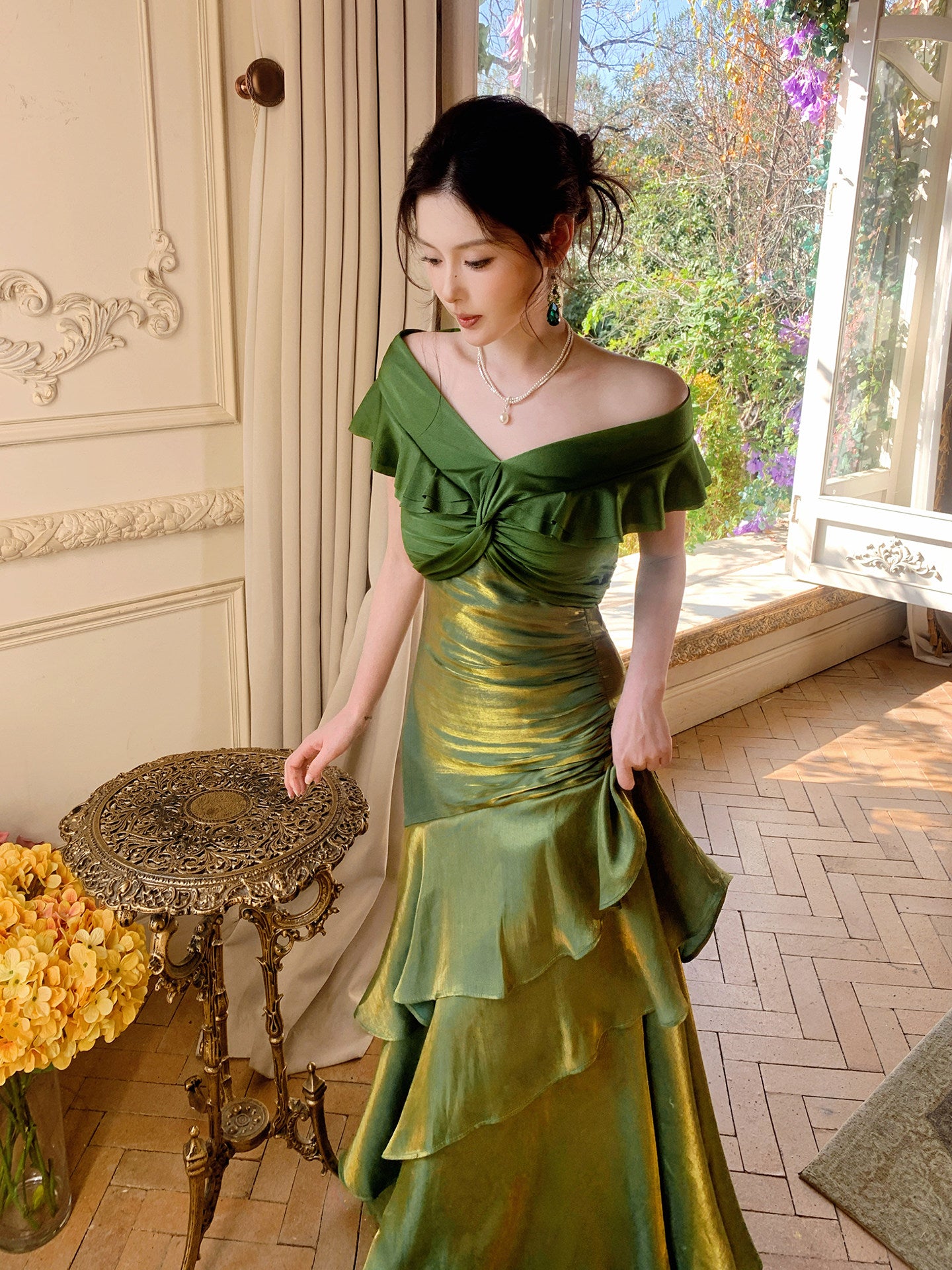 Off The Shoulder Green Prom Dress Ruffled Layers Formal Dress P637