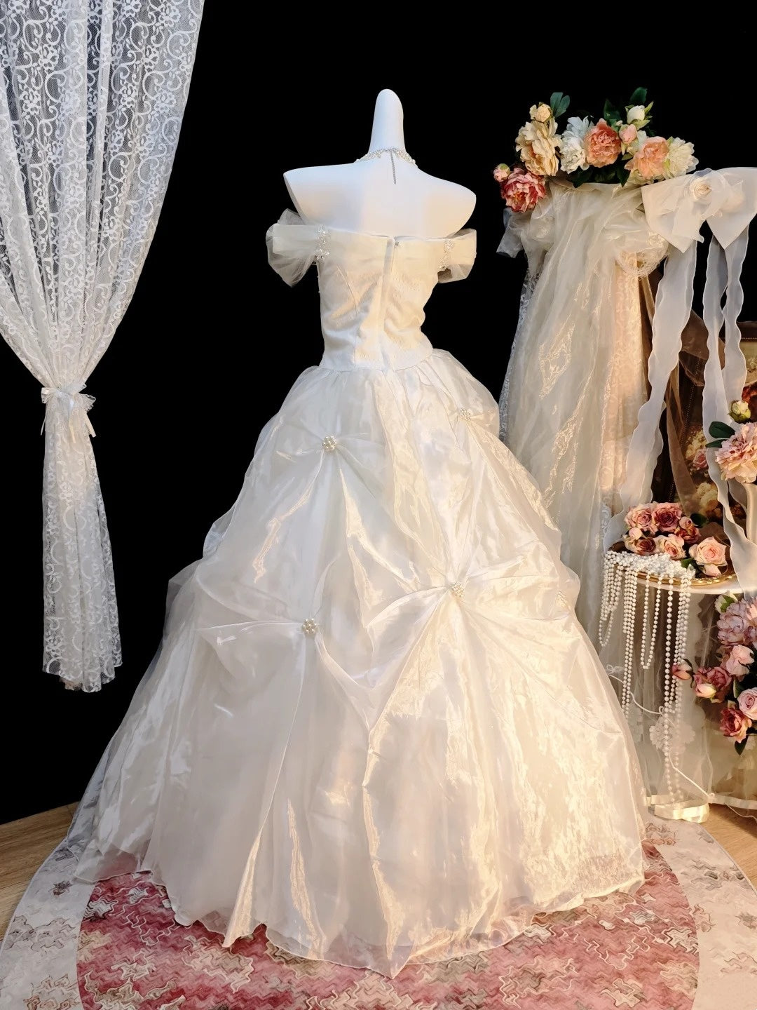 Off The Shoulder Ivory Birthday Dress Organza Wedding Dress P1851