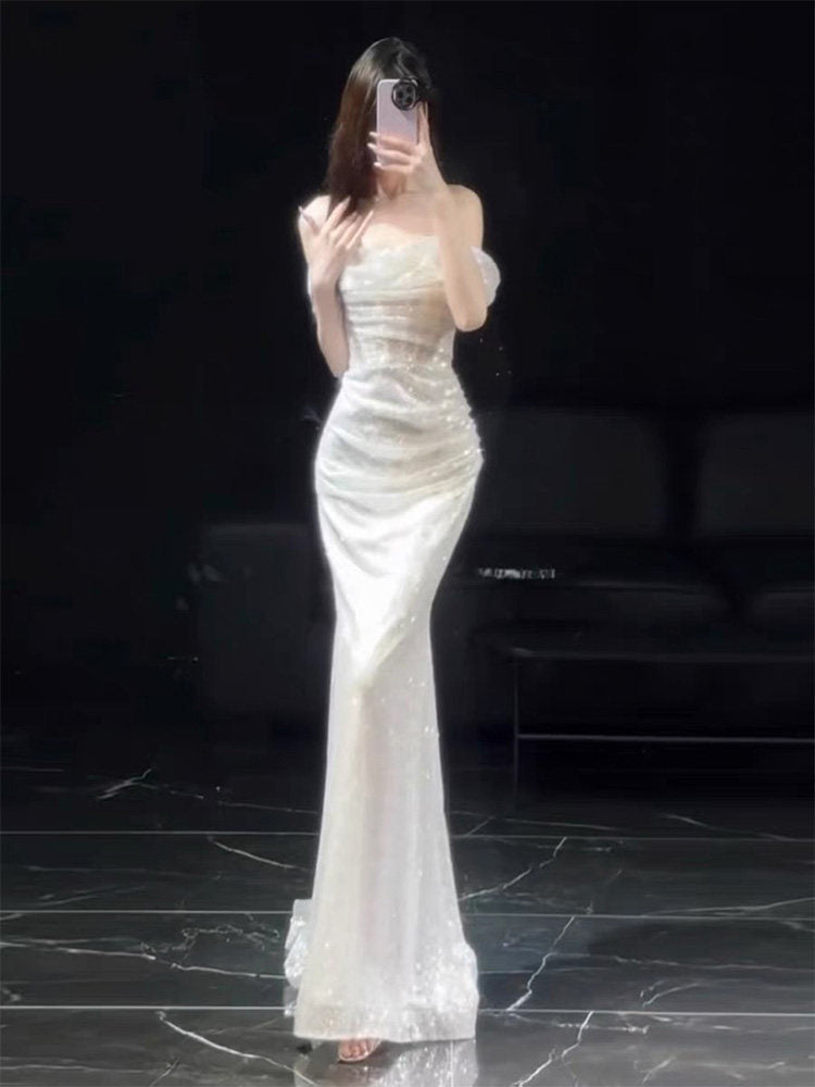 Off The Shoulder Ivory Sequins Wedding Dress Formal Evening Dress P1108