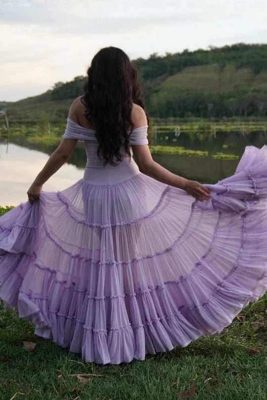 Off The Shoulder Lilac Chiffon Prom Dress Formal Wedding Guest Dress P1002