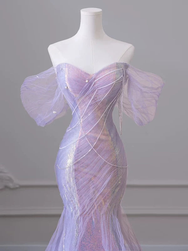Off The Shoulder Lilac Mermaid Prom Dress Tulle Evening Dress P623
