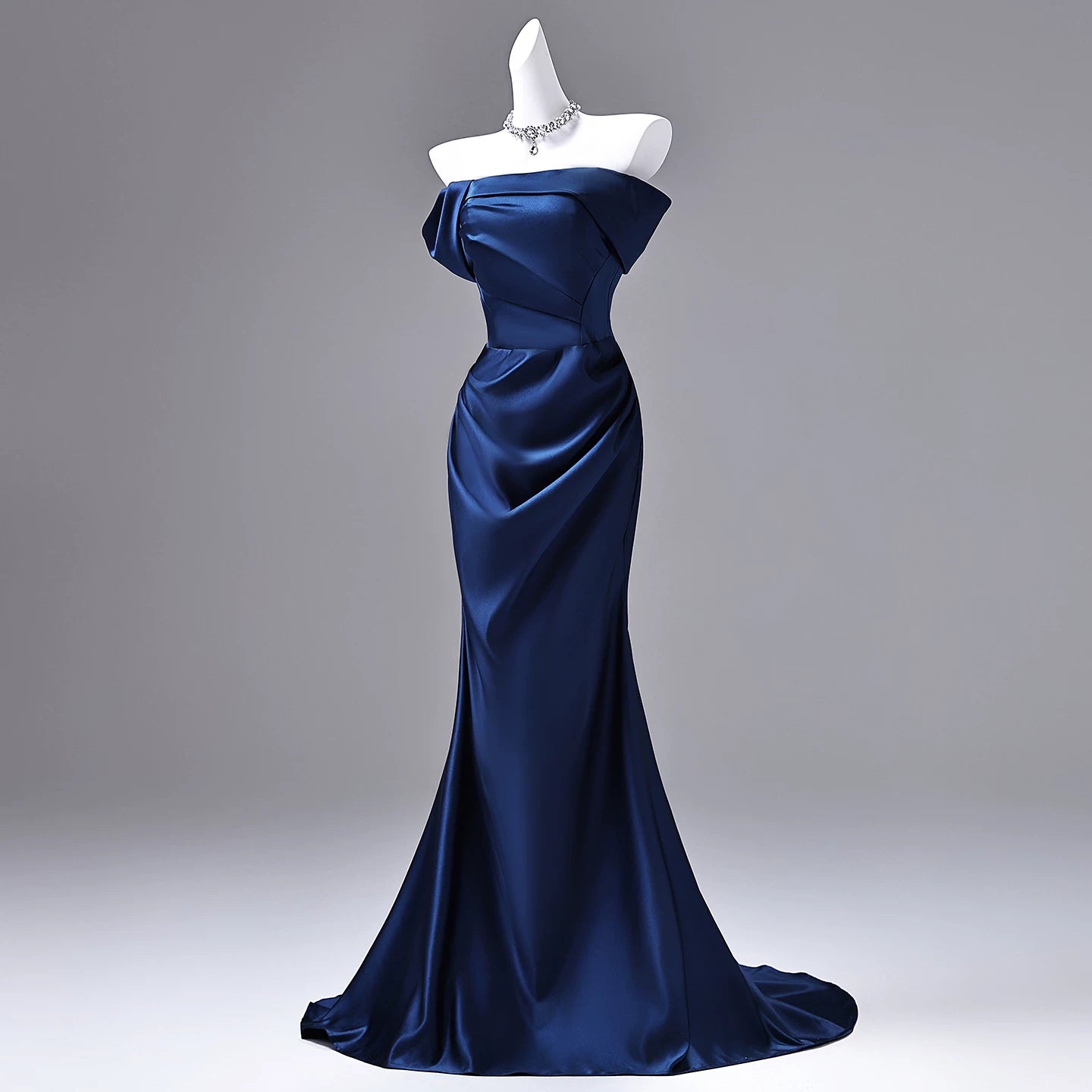 Off The Shoulder Mermaid Navy Blue Satin Prom Dress P1737
