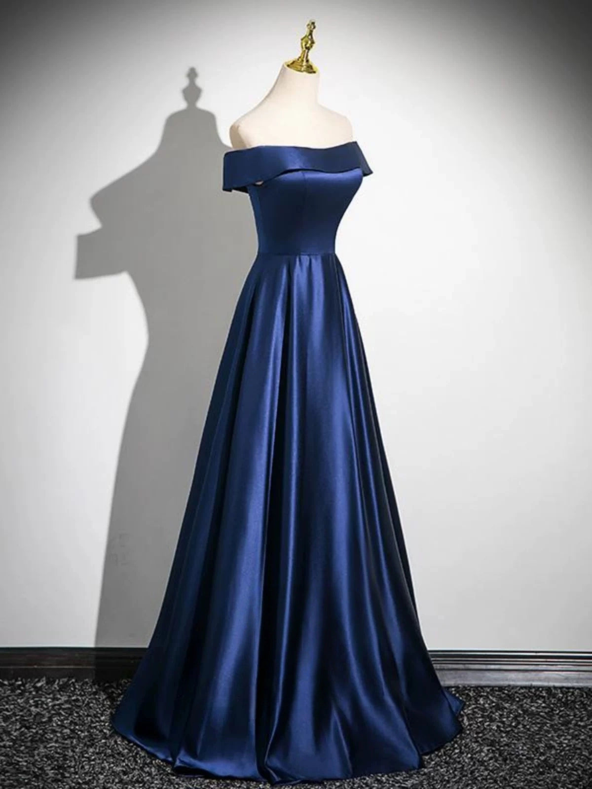 Off The Shoulder Navy Blue Satin Formal Prom Dress P2704