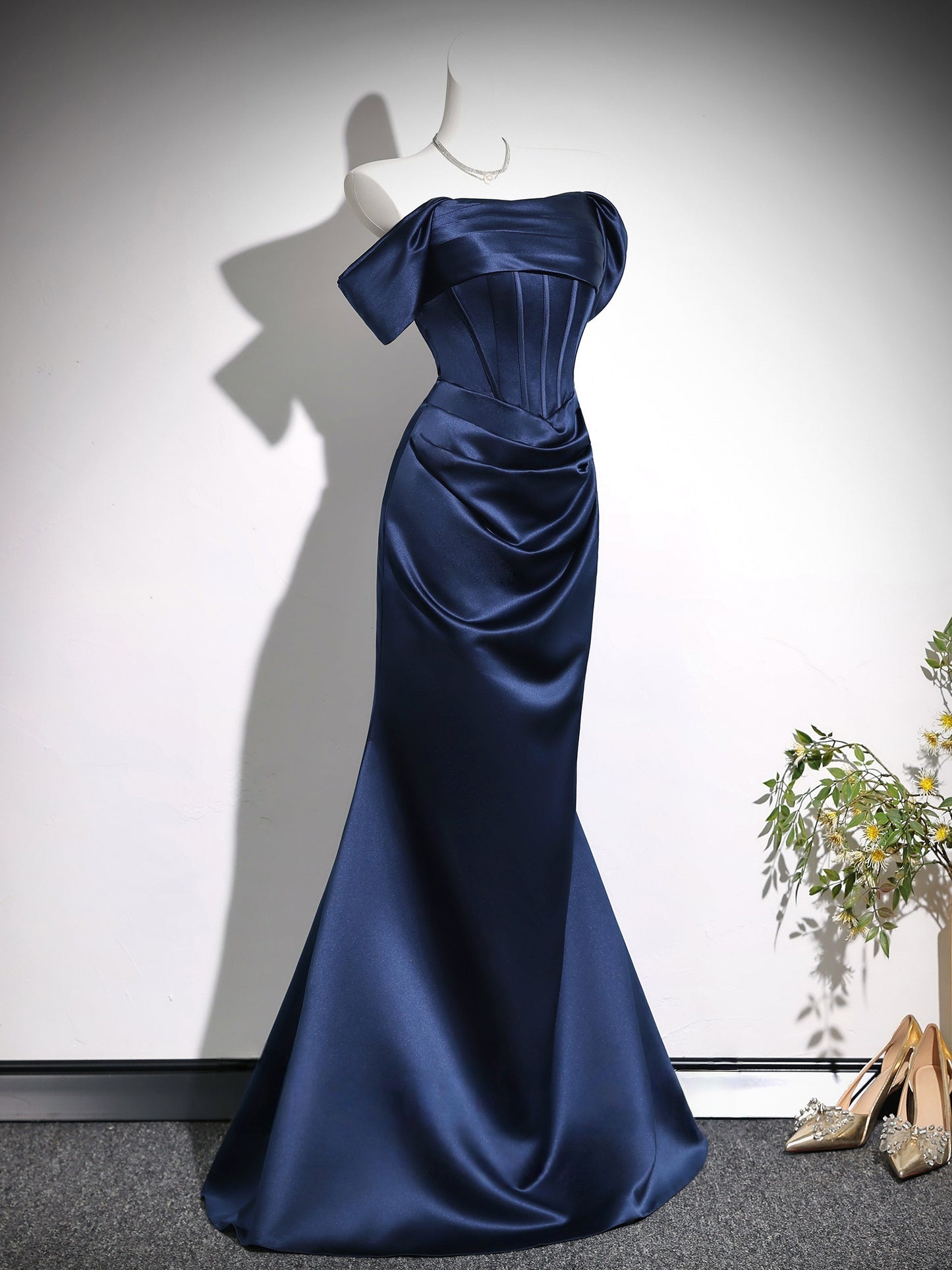 Off The Shoulder Navy Blue Satin Mermaid Prom Dress P1194