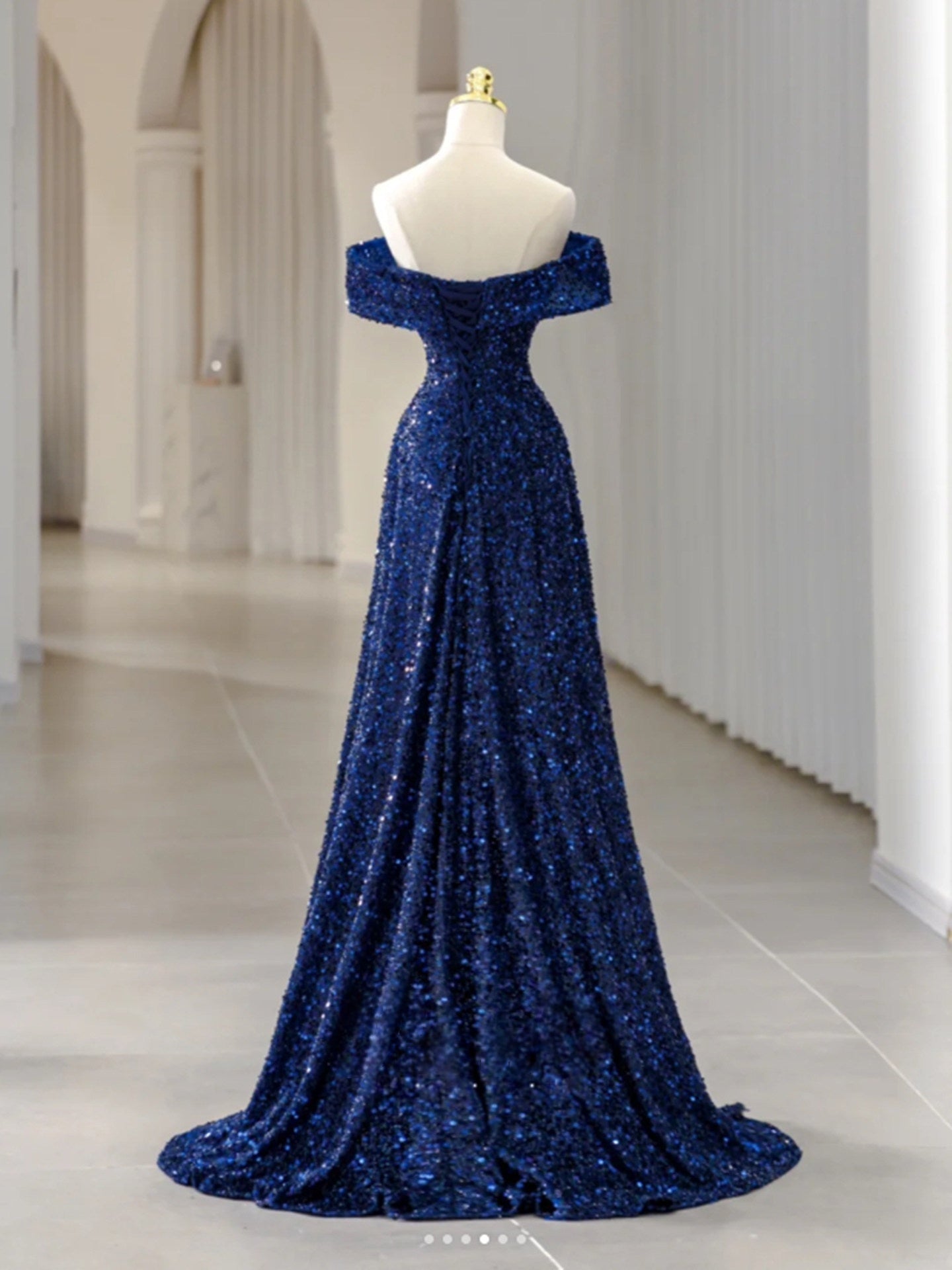 Off The Shoulder Navy Blue Sequins Prom Dress A Line Sparkle Evening Dress P1228
