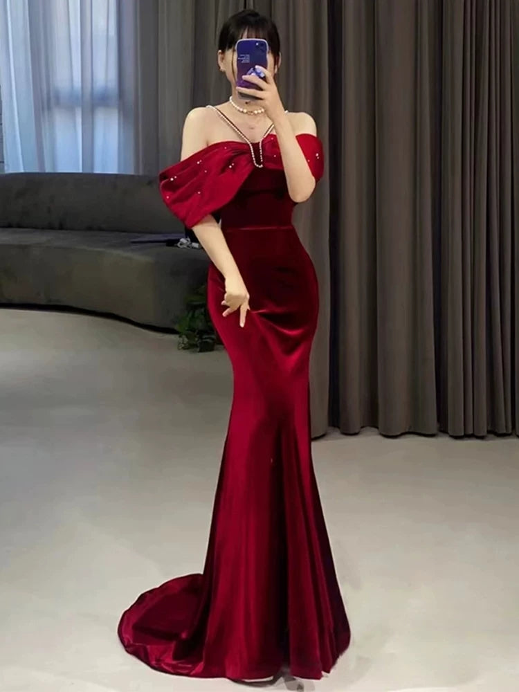 Off The Shoulder Pearl Straps Mermaid Prom Dress Evening Gown P625
