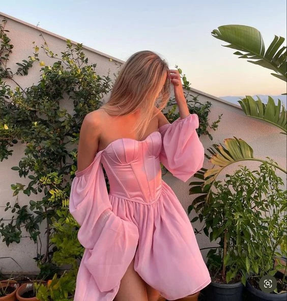 Off The Shoulder Pink A Line Satin Short Homecoming Gown P2278