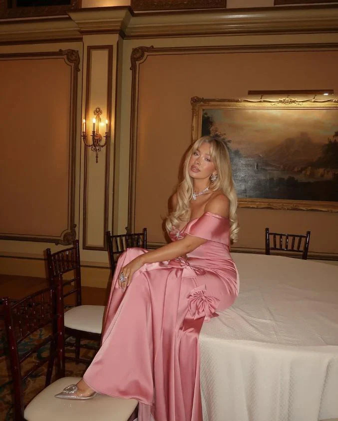 Off The Shoulder Pink Mermaid Prom Dress With Bows P735