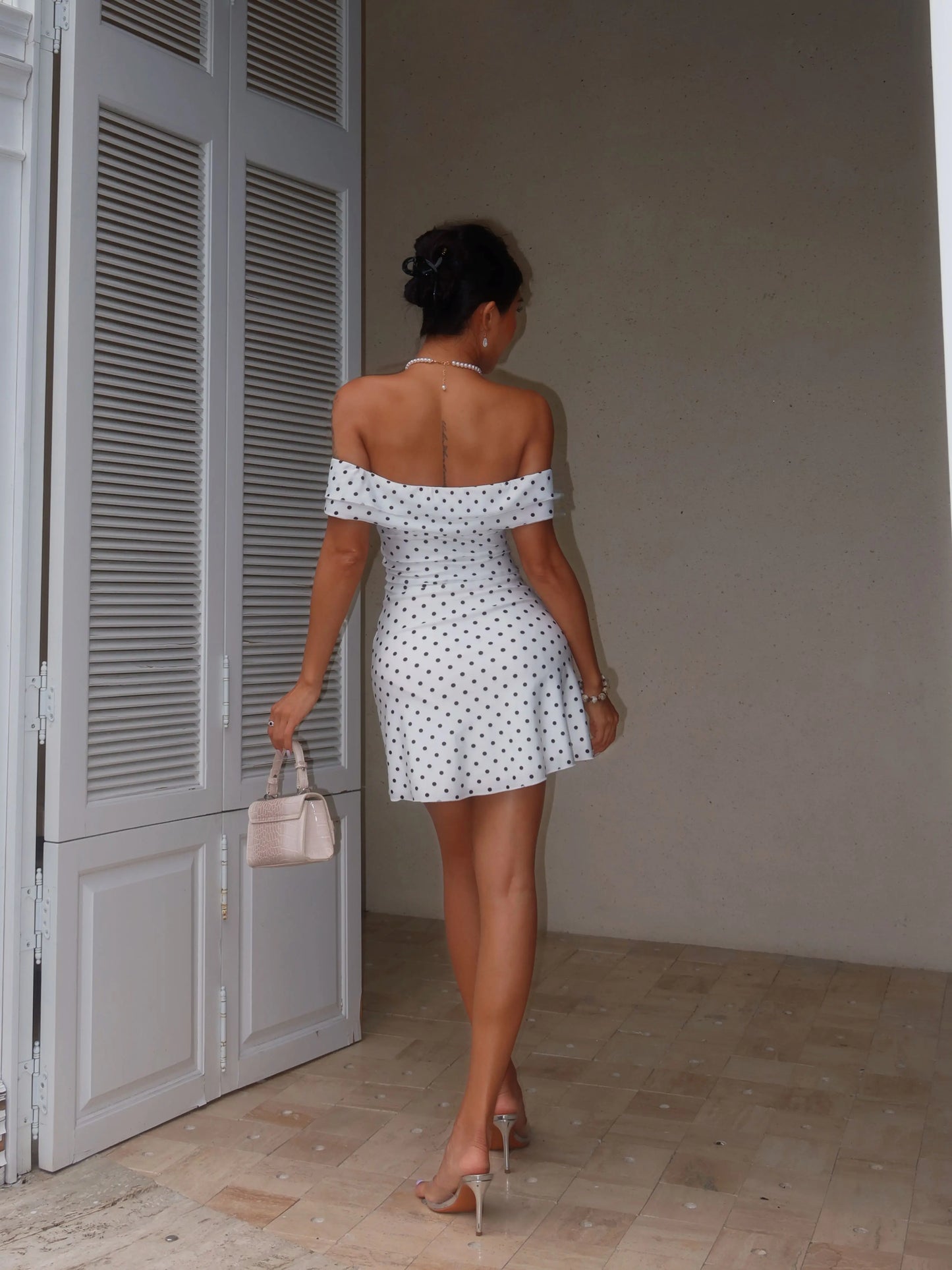 Off The Shoulder Polka Dots Sheath Birthday Dress Homecoming Dress P1474