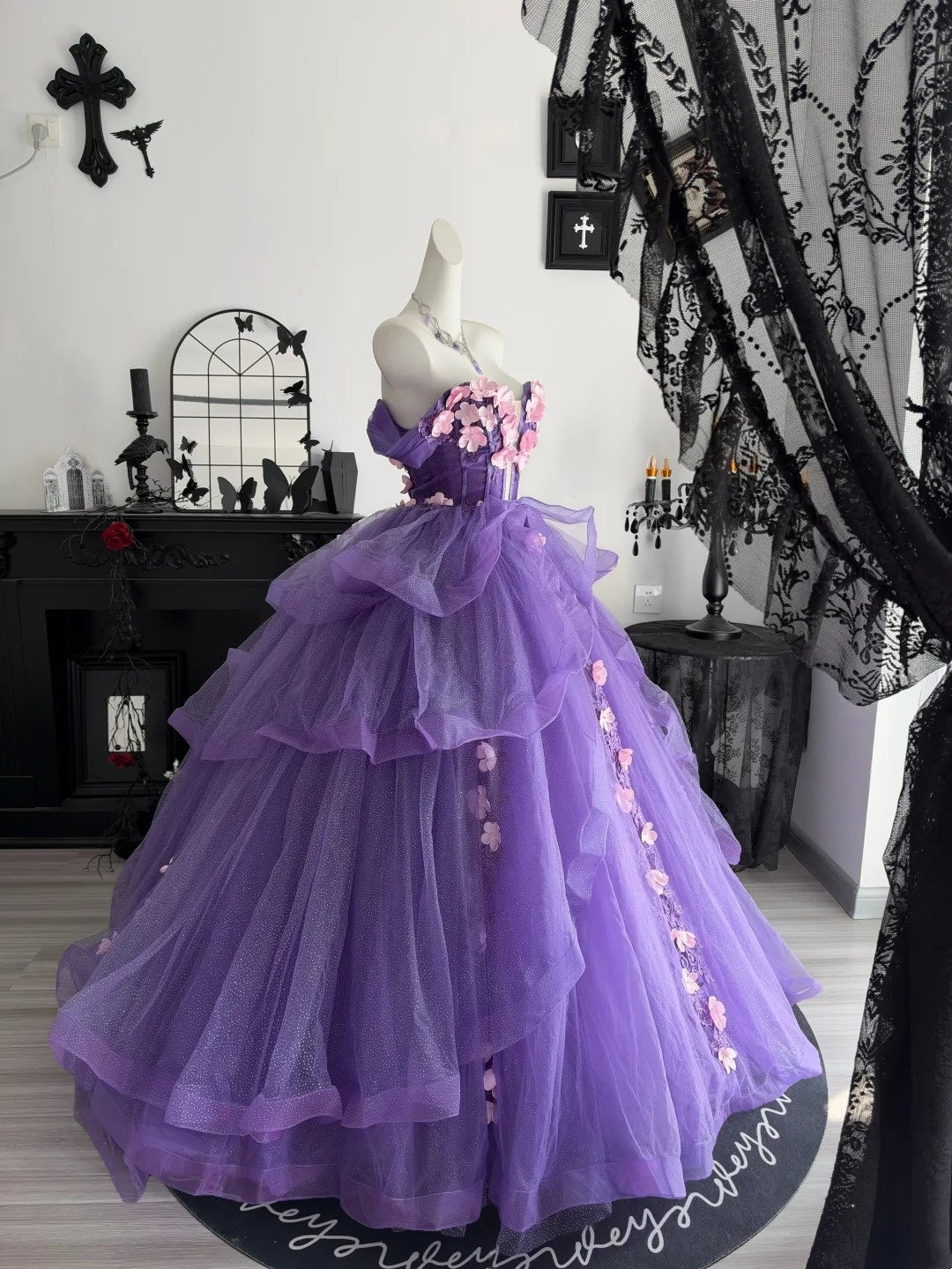 Off The Shoulder Purple Tulle Ball Gown Quinceanera Dresses With Floral P2636