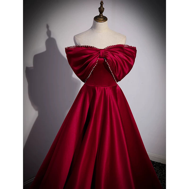 Off The Shoulder Red Satin Prom Dress A Line Bow Evening Dress P1264