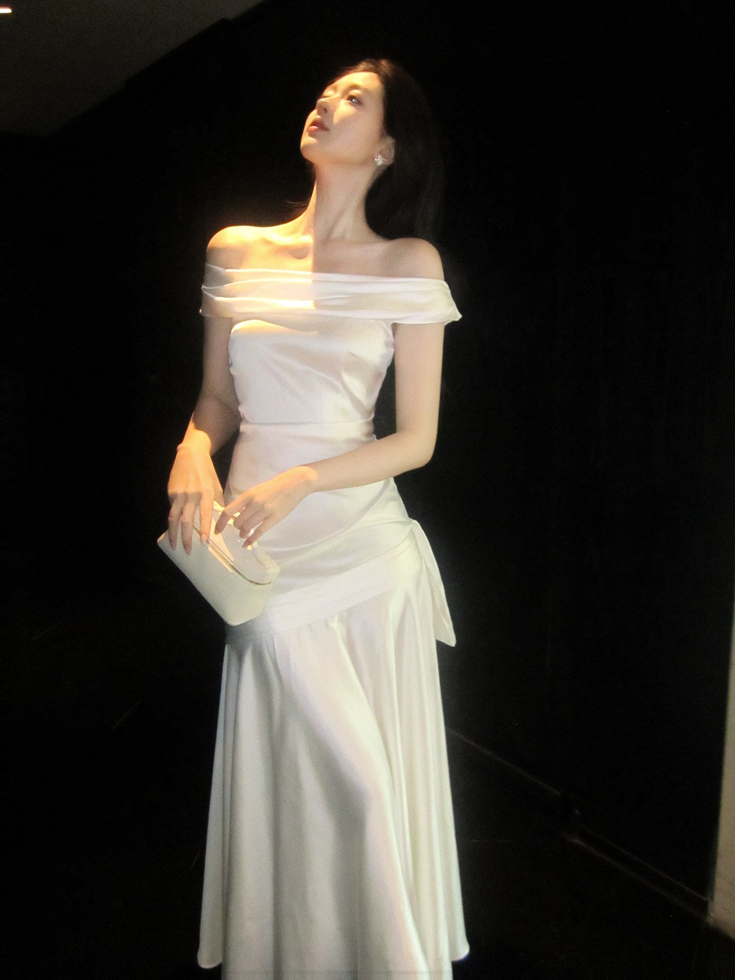 Off The Shoulder Satin Evening Dress Sheath Prom Dress P636