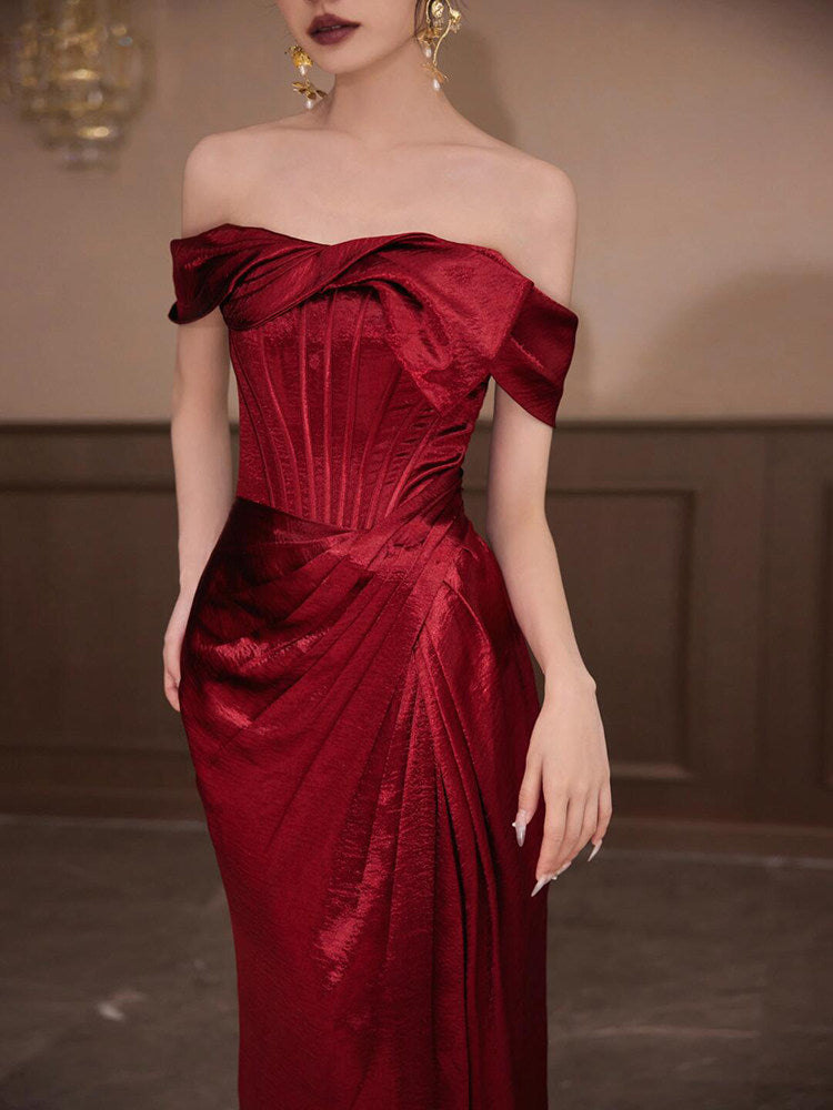 Off The Shoulder Sheath Burgundy Prom Dress with Slit P794